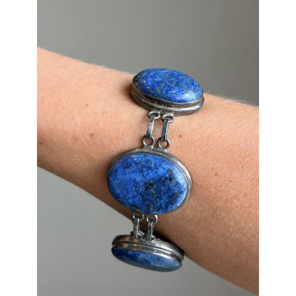 Vintage Large Lapis Lazuli Cabochon 925 Sterling Silver Bracelet Native Navajo